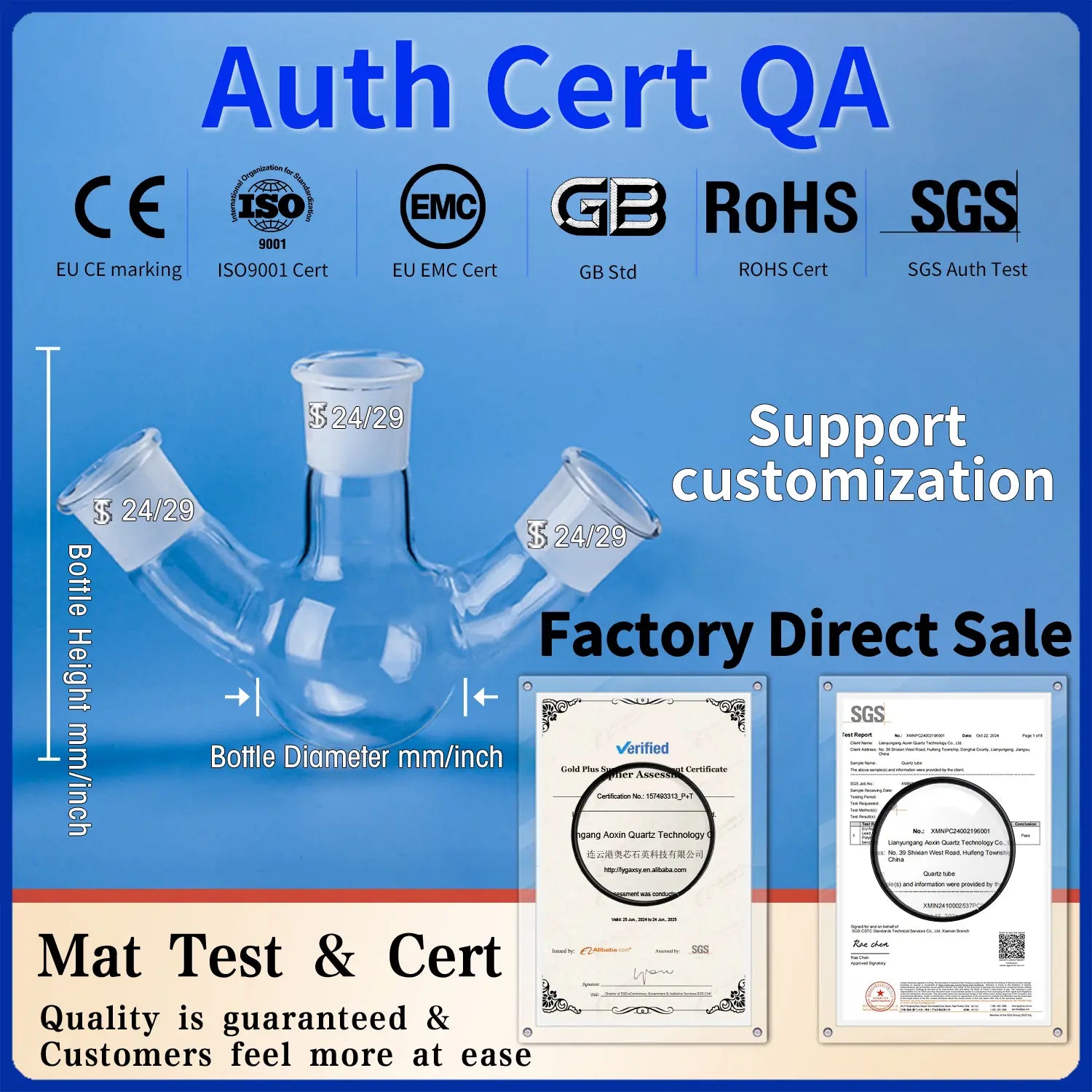 Quartz three-neck flask with measurement labels, emphasizing support for customization and showing quality certifications (CE, ISO, RoHS).