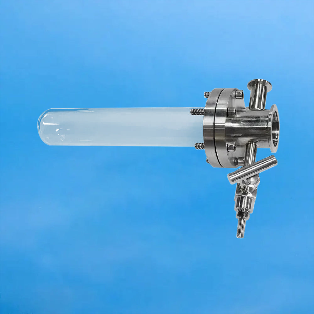 Quartz tube connected to a stainless steel flange assembly featuring KF ports and a G1/4 gas inlet, designed for vacuum and high-temperature applications