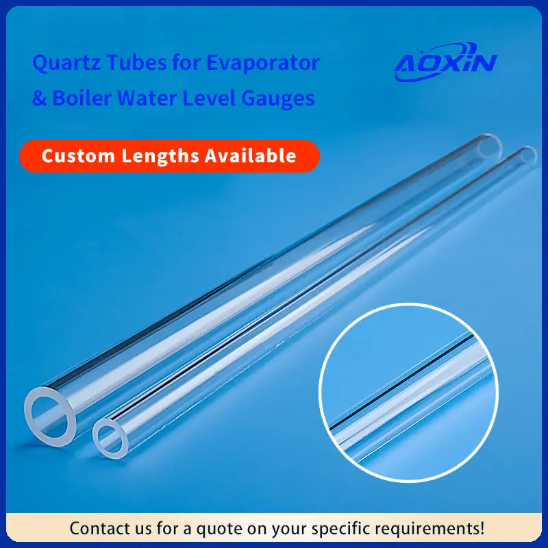 Quartz tubes for evaporator & boiler water level gauges, showcasing various sizes and emphasizing custom lengths available