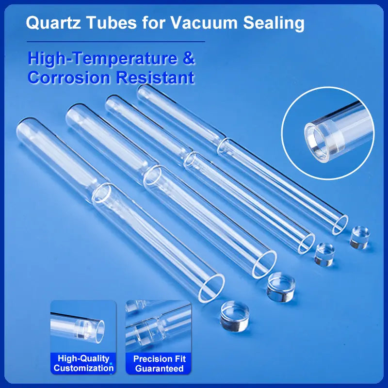 Quartz tubes for vacuum sealing emphasizing high-temperature and corrosion resistance, with insets for high-quality customization and guaranteed precision fit.
