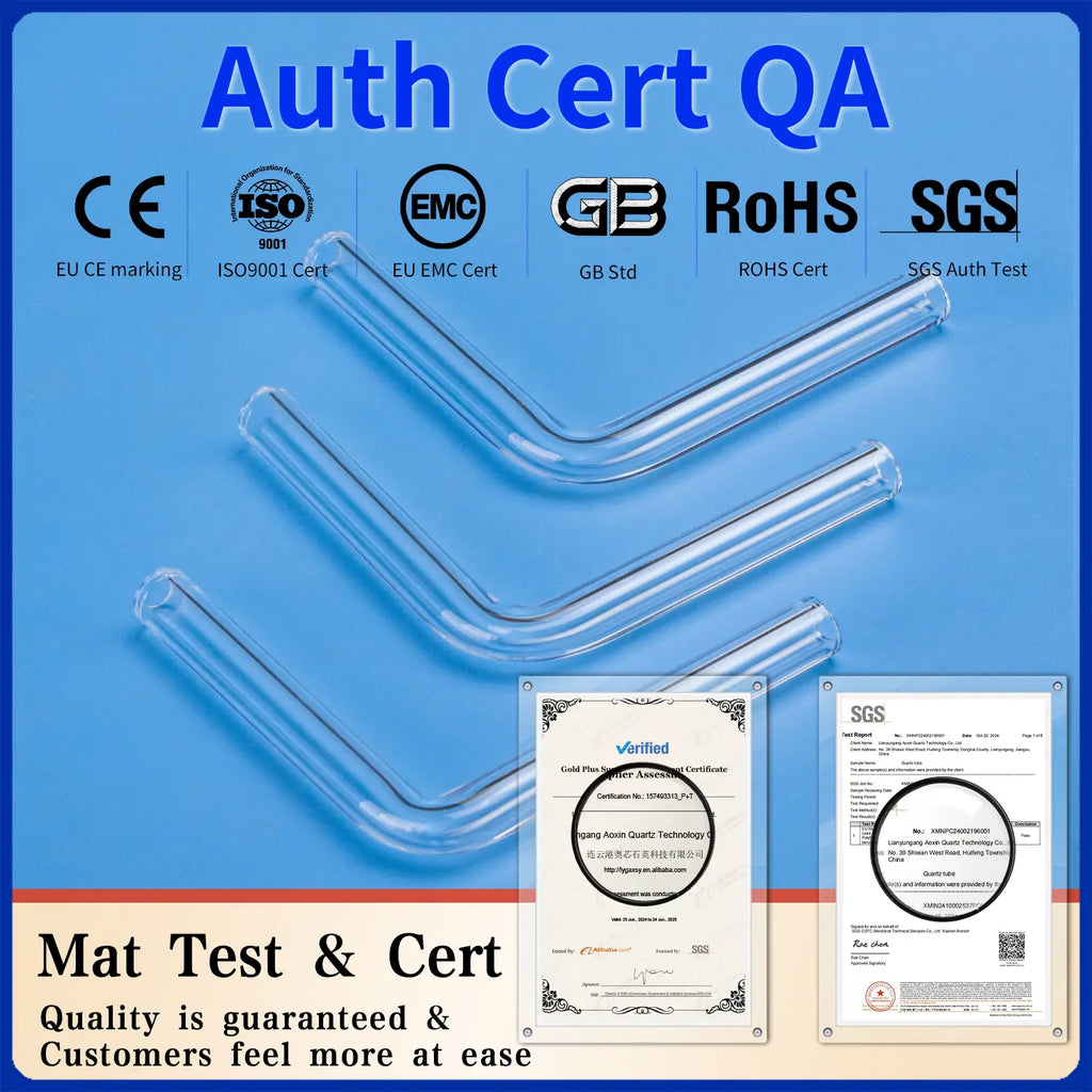 Quartz tubing with quality certifications including CE, ISO9001, EMC, GB, RoHS, and SGS, assuring material test and quality control.
