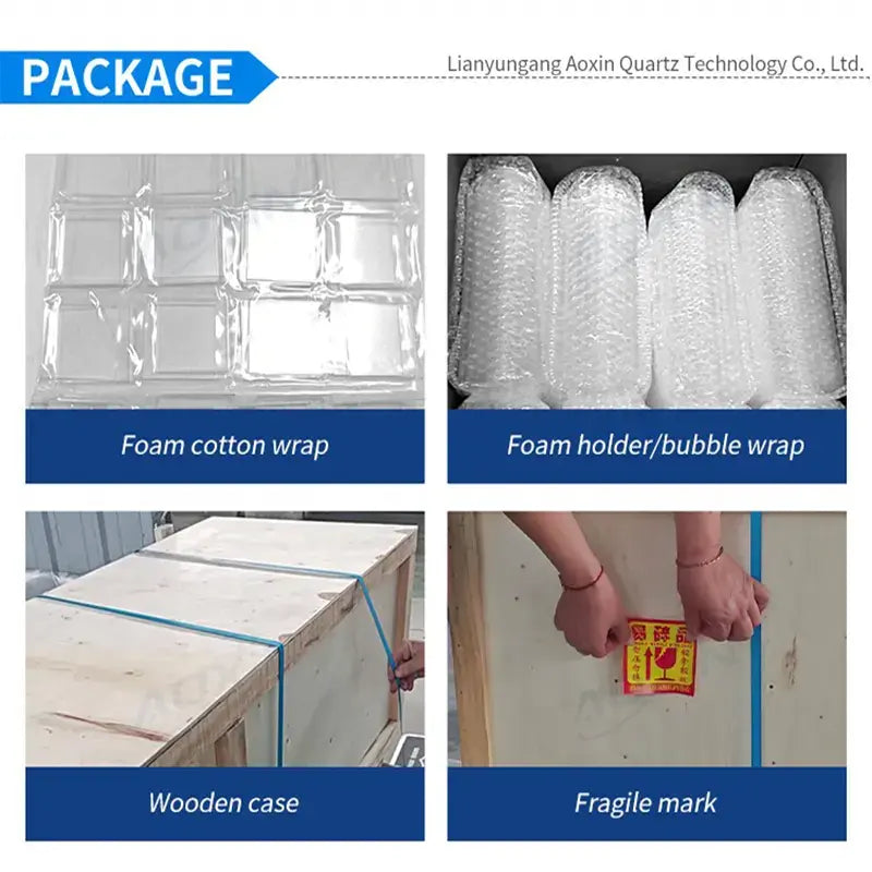 Secure packaging process for fused quartz tubes, including foam wrap and wooden case.