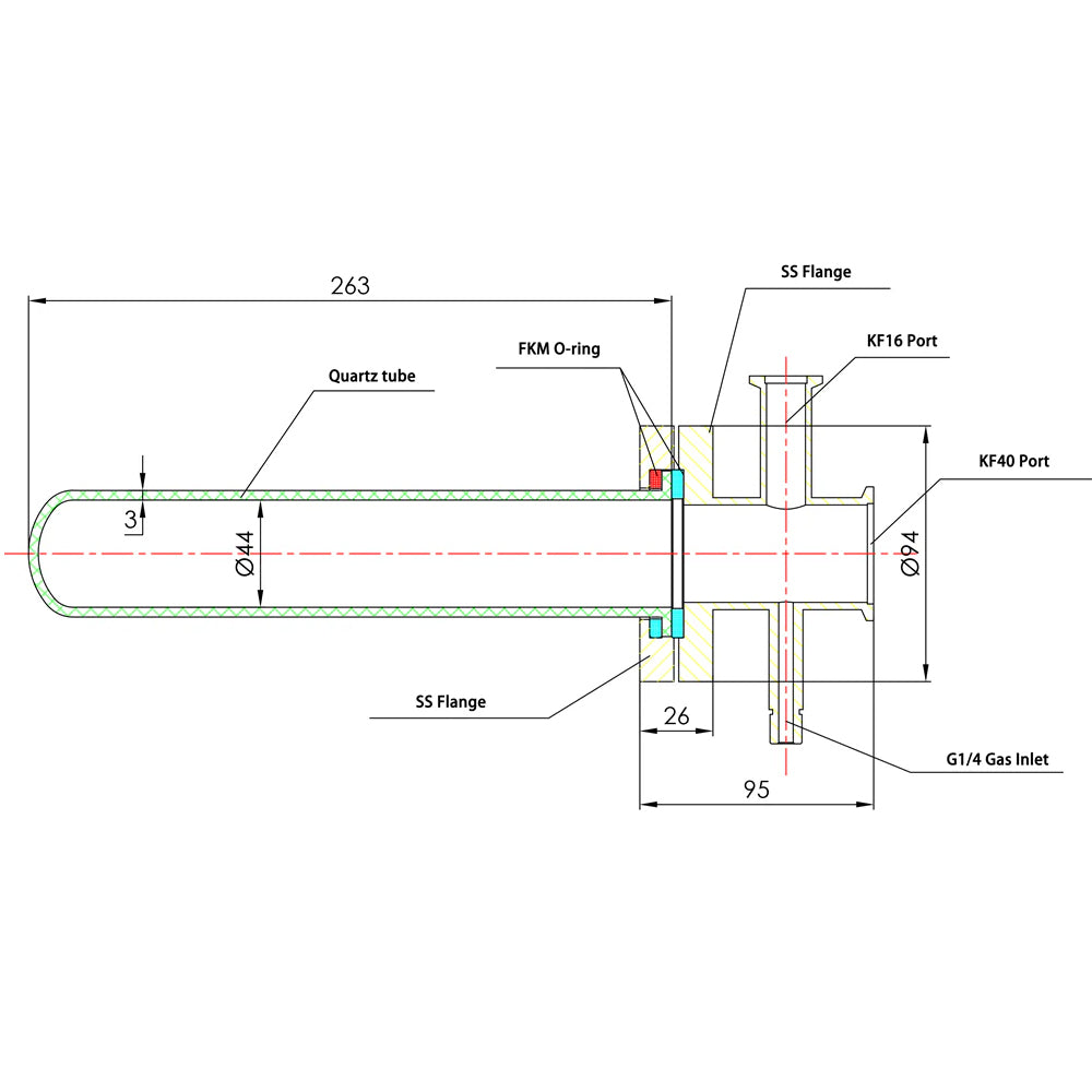 Technical drawing of a quartz tube with an integrated stainless steel flange, detailing dimensions, KF40 and KF16 ports, a G1/4 gas inlet, and FKM O-ring locations.