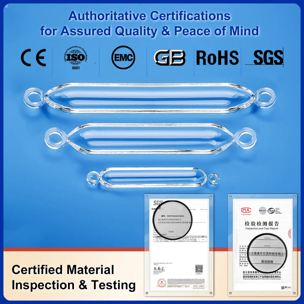 Three quartz boats displayed alongside authoritative certifications (CE, ISO 9001, EMC, GB, RoHS, SGS) for assured quality, emphasizing material inspection and testing.
