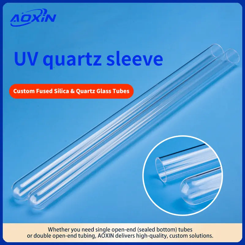 Two UV quartz sleeves, custom fused silica and quartz glass tubes, suitable for single open-end (sealed bottom) or double open-end tubing, emphasizing high-quality custom solutions.