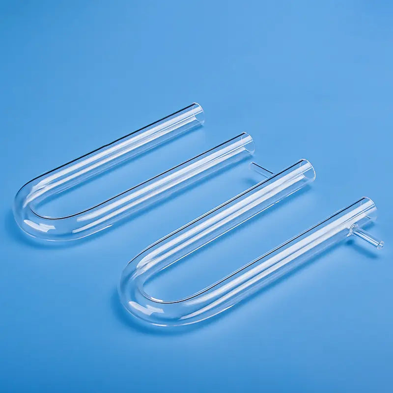 Two clear quartz U-shaped drying tubes, one with a side arm, showcasing custom glass fabrication for laboratory applications
