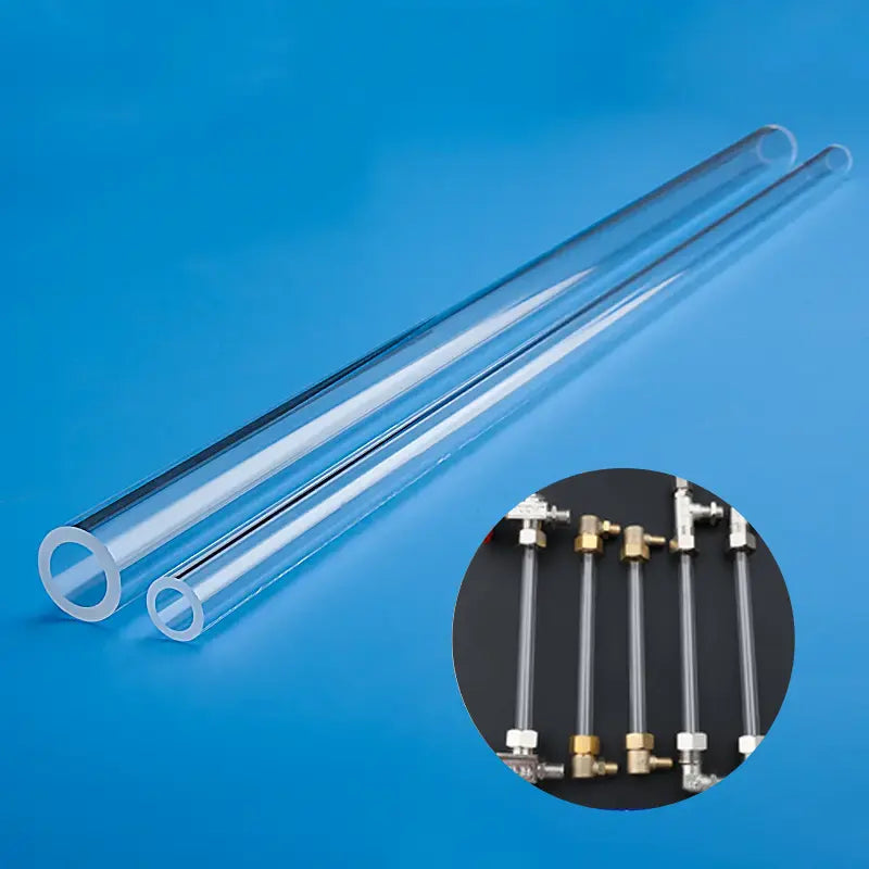 Two clear quartz tubes for water level gauges, with an inset showing them integrated into an industrial level indicator setup
