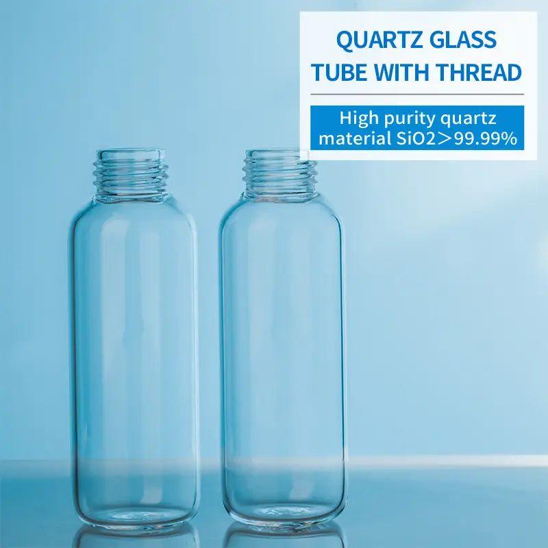 Two identical clear quartz glass tubes with threaded necks, highlighting the high purity quartz material (SiO2 > 99.99%).