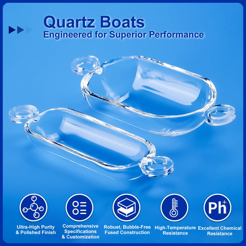 Two quartz boats with dual handles, highlighting features like ultra-high purity, comprehensive specifications, robust construction, high-temperature resistance, and excellent chemical resistance.