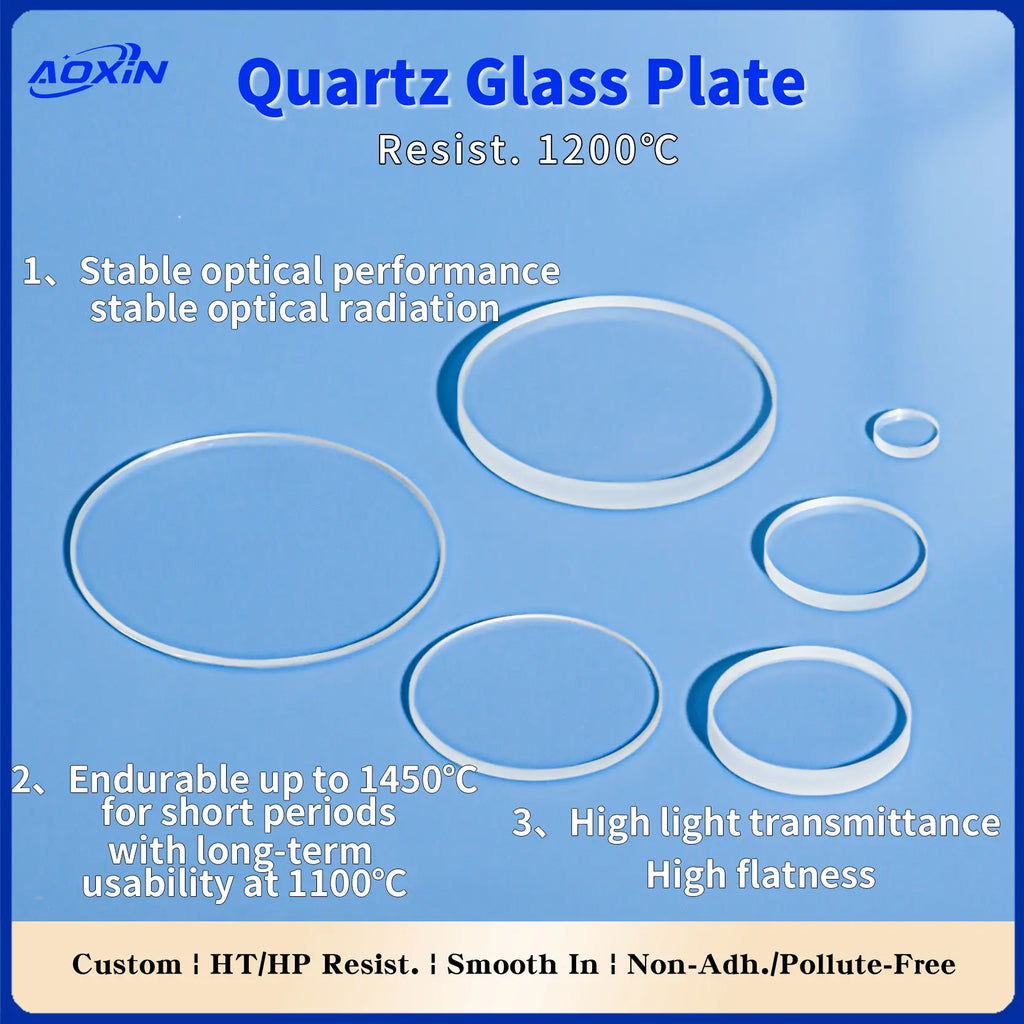 Various sizes of quartz glass discs, emphasizing stable optical performance, high light transmittance, high flatness, and extreme temperature resistance up to 1450°C for short periods.