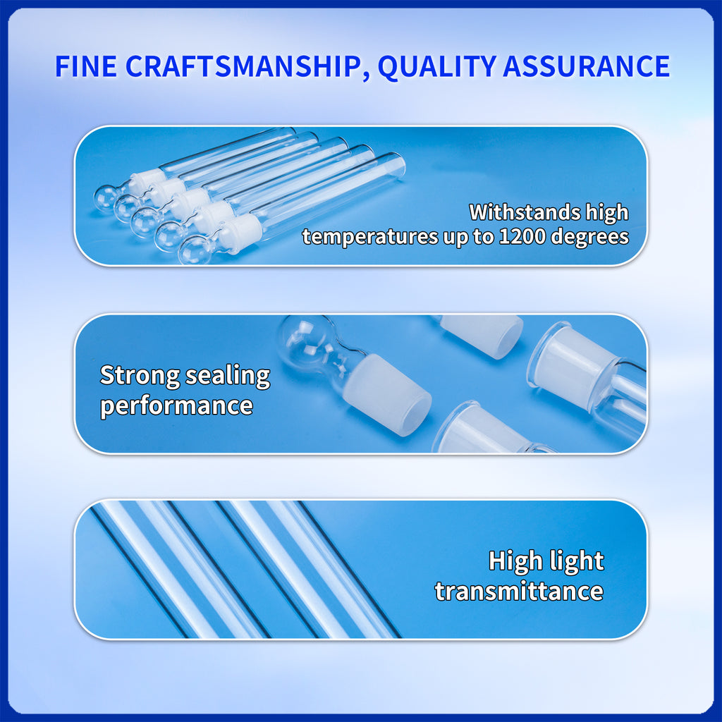 Visual presentation of key features of quartz test tubes: withstands high temperatures (up to 1200 degrees), strong sealing performance, and high light transmittance