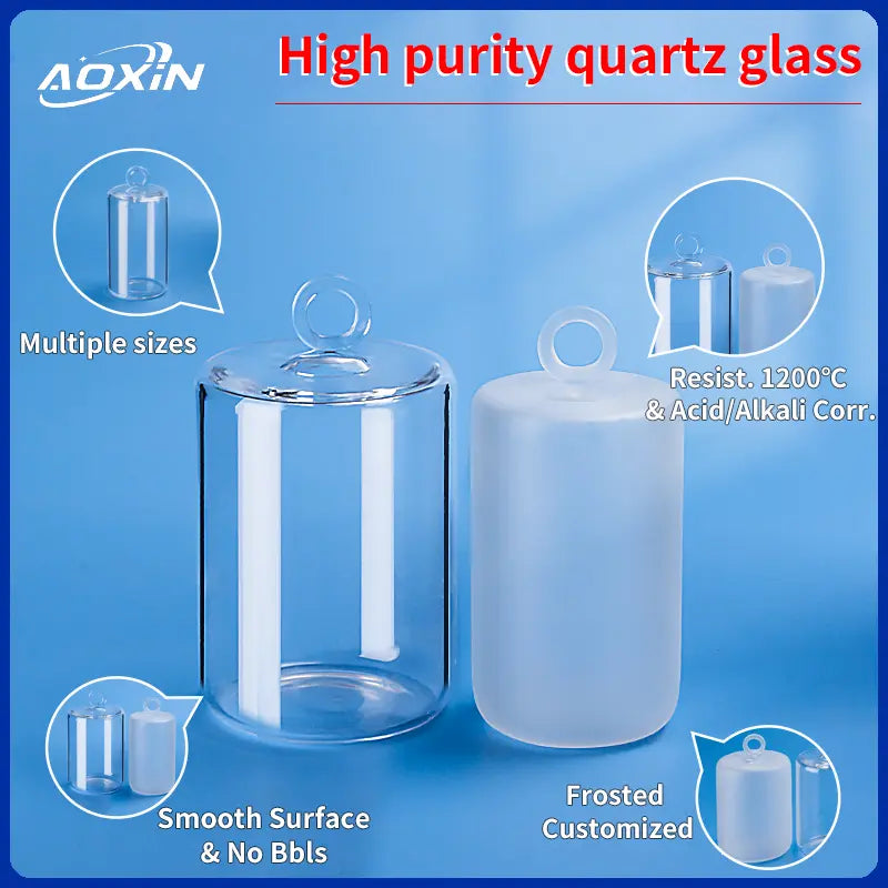 high purity quartz glass furnace plugs, showcasing multiple sizes, smooth surface, 1200°C heat & acid/alkali corrosion resistance, and customized options.